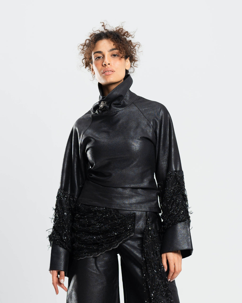Vesper Top in Metallic Gabardine and Embroidered Lace