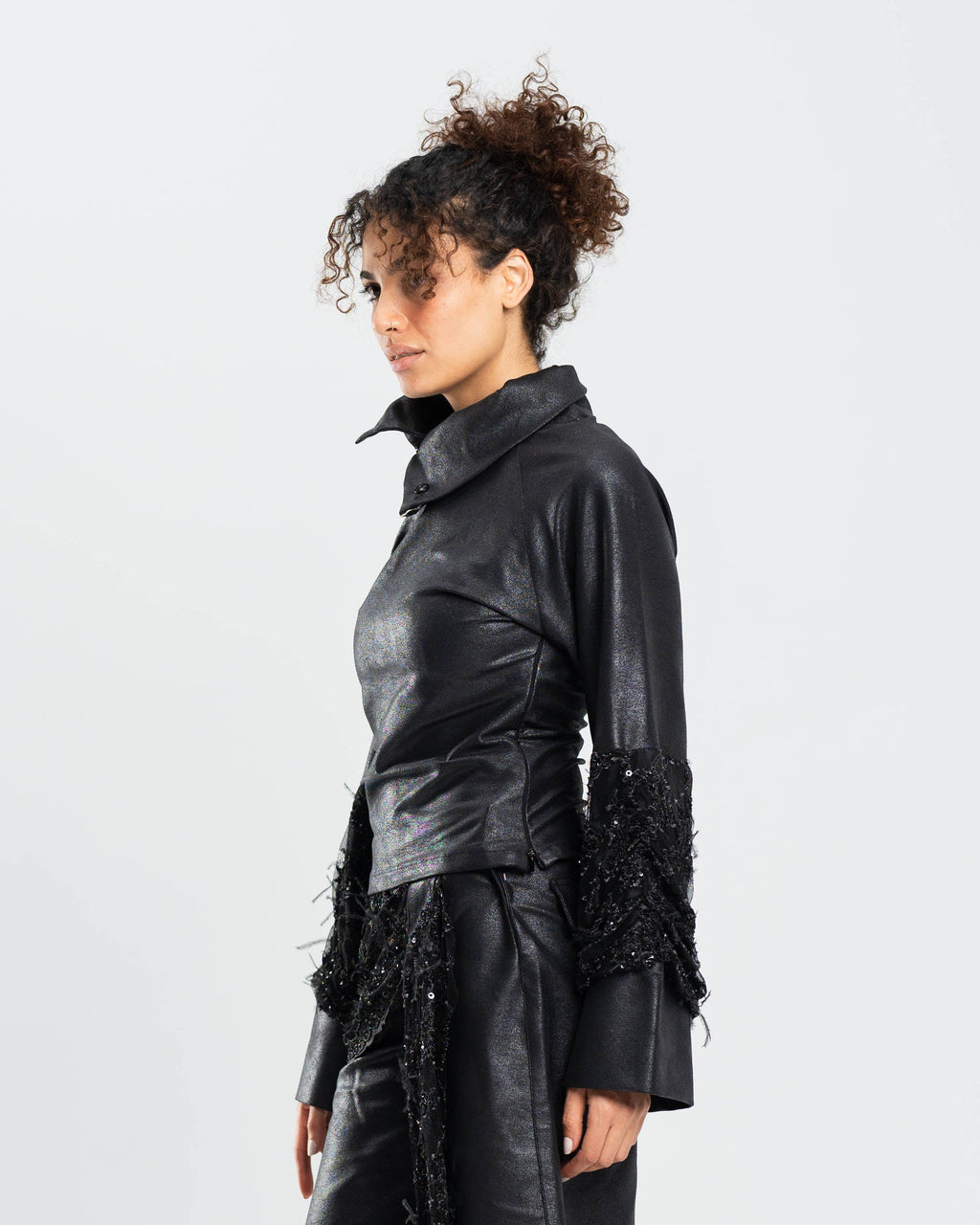 Vesper Top in Metallic Gabardine and Embroidered Lace