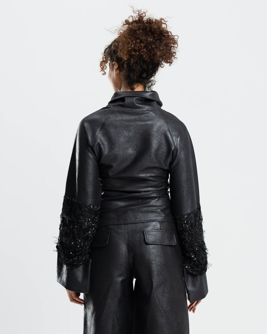 Vesper Top in Metallic Gabardine and Embroidered Lace