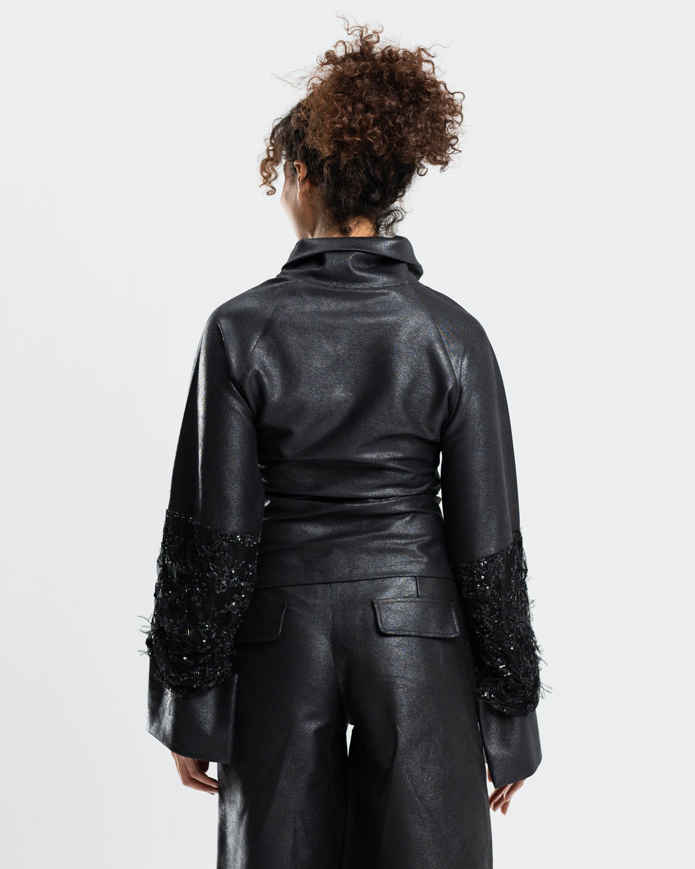 Vesper Top in Metallic Gabardine and Embroidered Lace