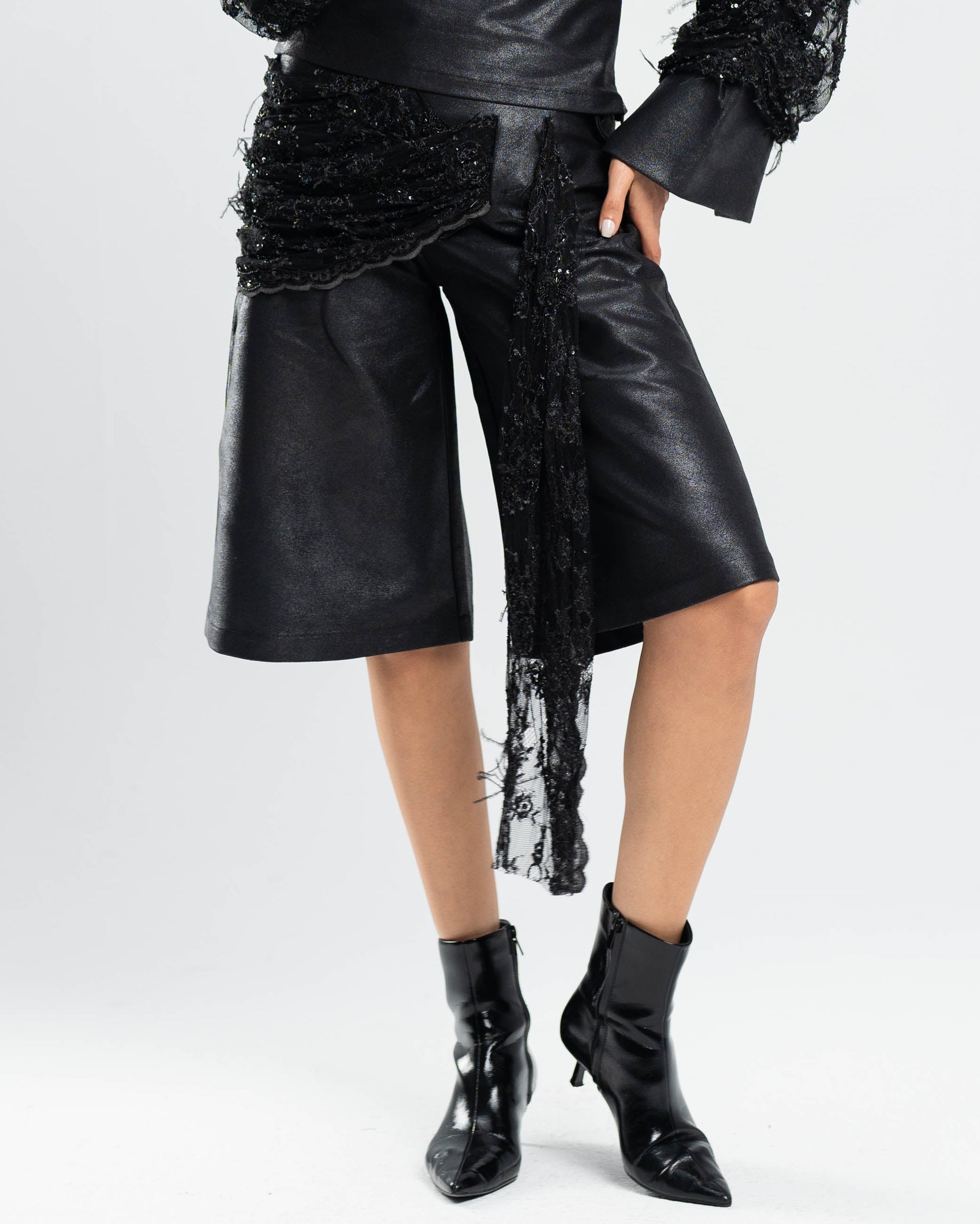 Vesper Shorts in Metallic Gabardine and Lace